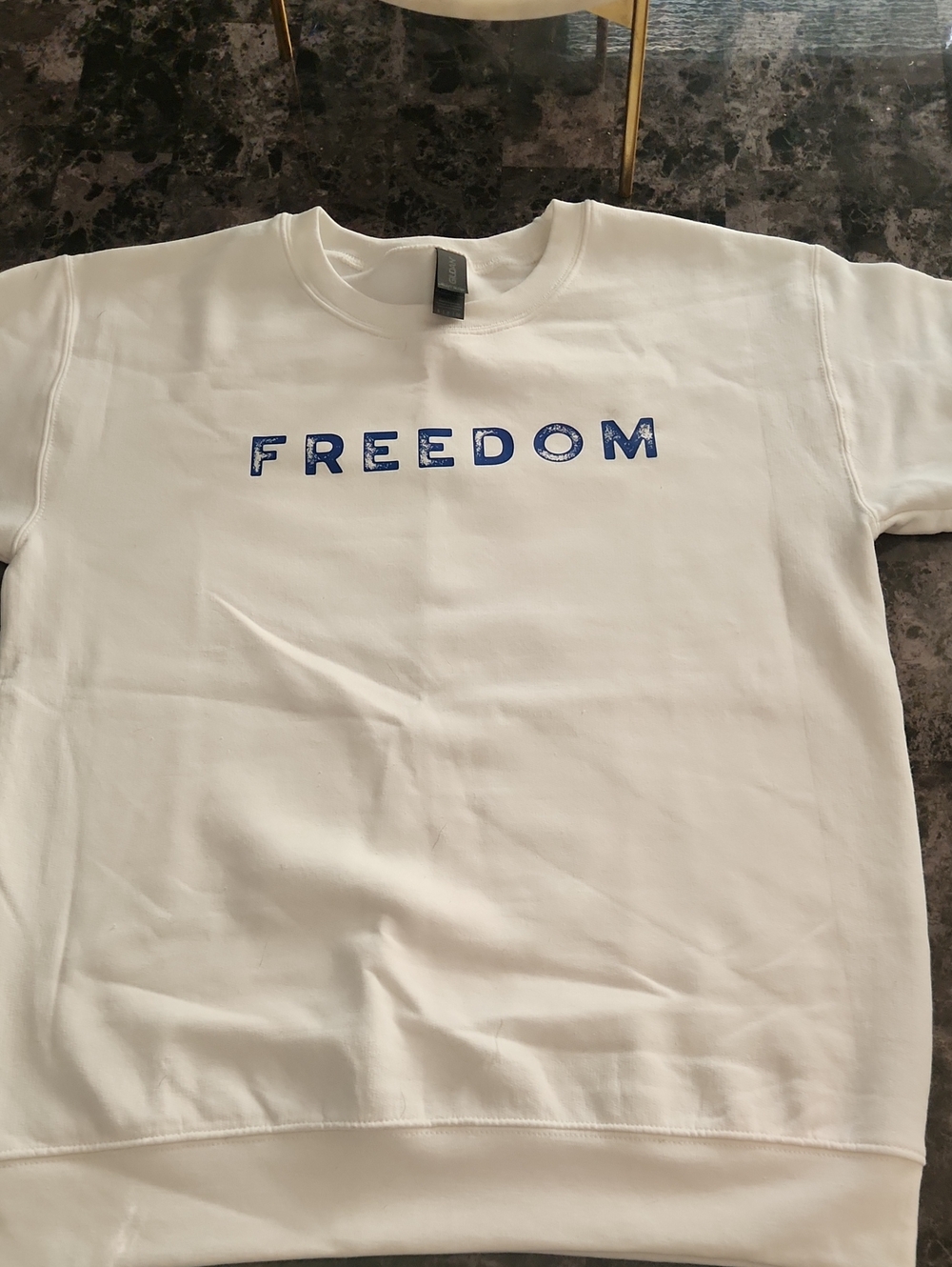 Gildan White Crewneck Sweatshirt with Blue FREEDOM Lettering